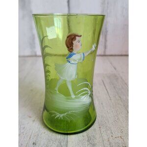 Mary Gregory green girl flower painted vintage glass cup home decor